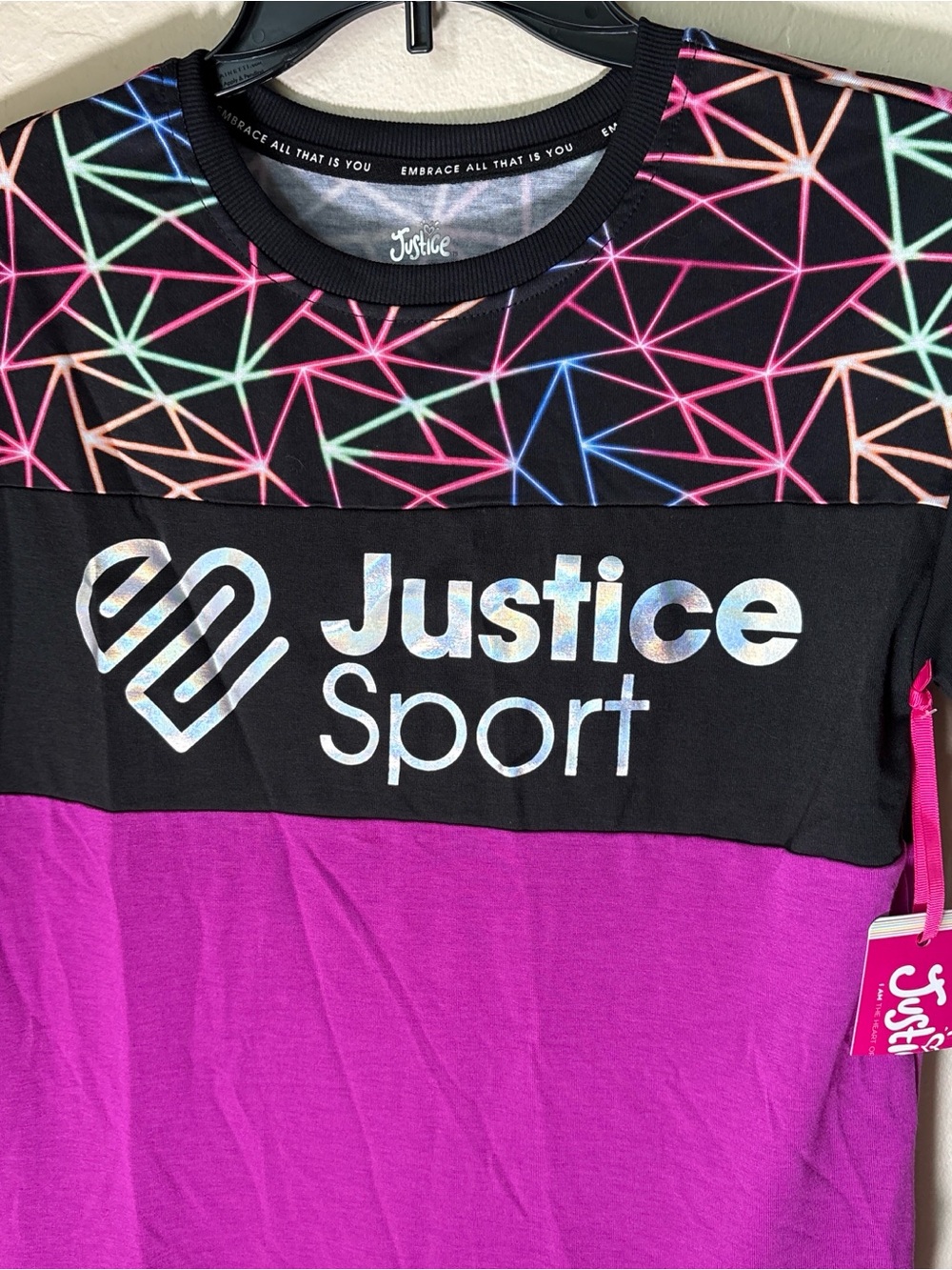 Justice Short Sleeve Sport Tee in Black, Purple & Neon Geo